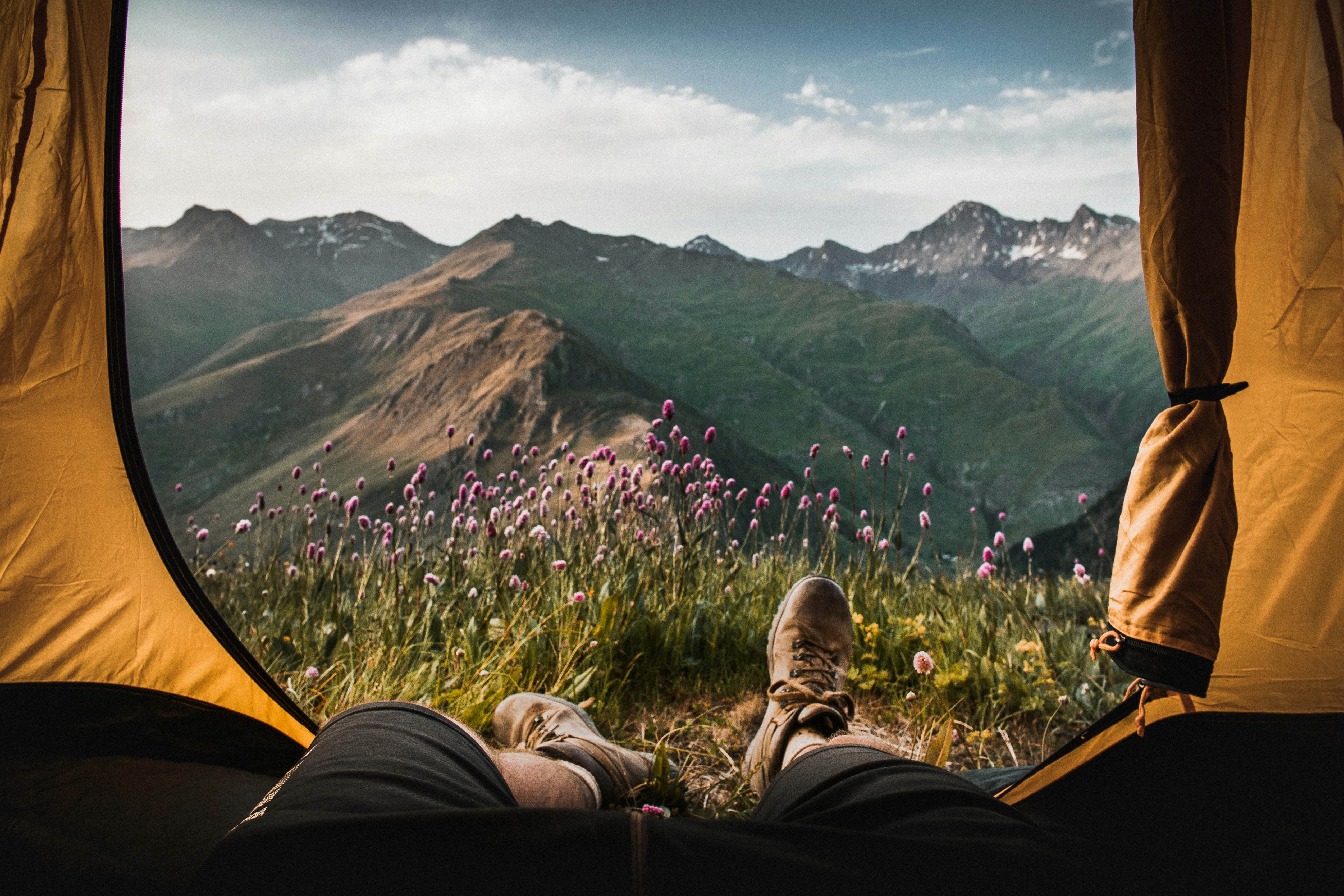 Picture of Outdoors, Shelter, Camping, Nature, Wilderness, Tent, Shoe, Landscape, Scenery, Grass