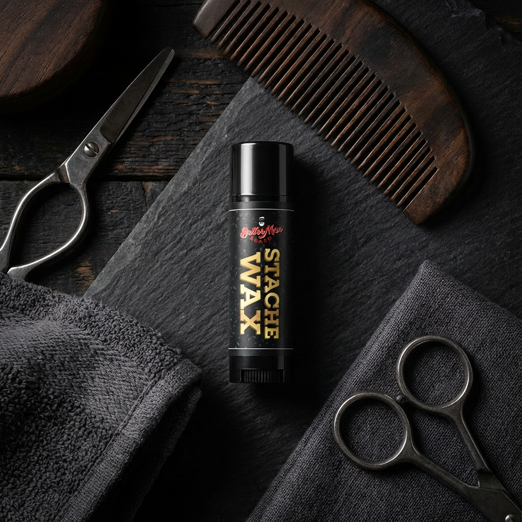 Picture of Scissors with text STACHE WAX.