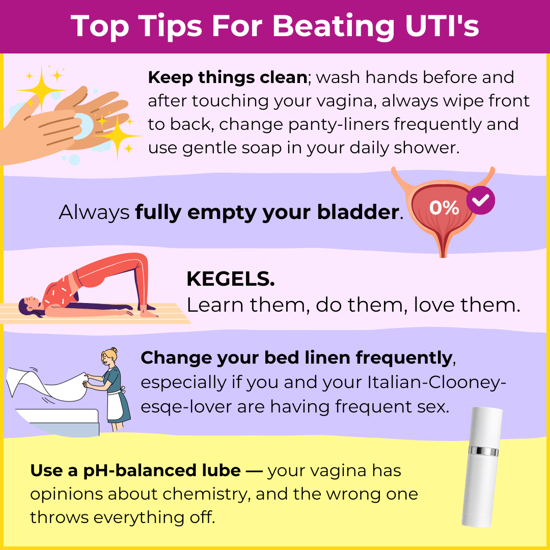 Picture of Advertisement, Poster, Person with text Top Tips For Beating UTI's Keep things clean; was...